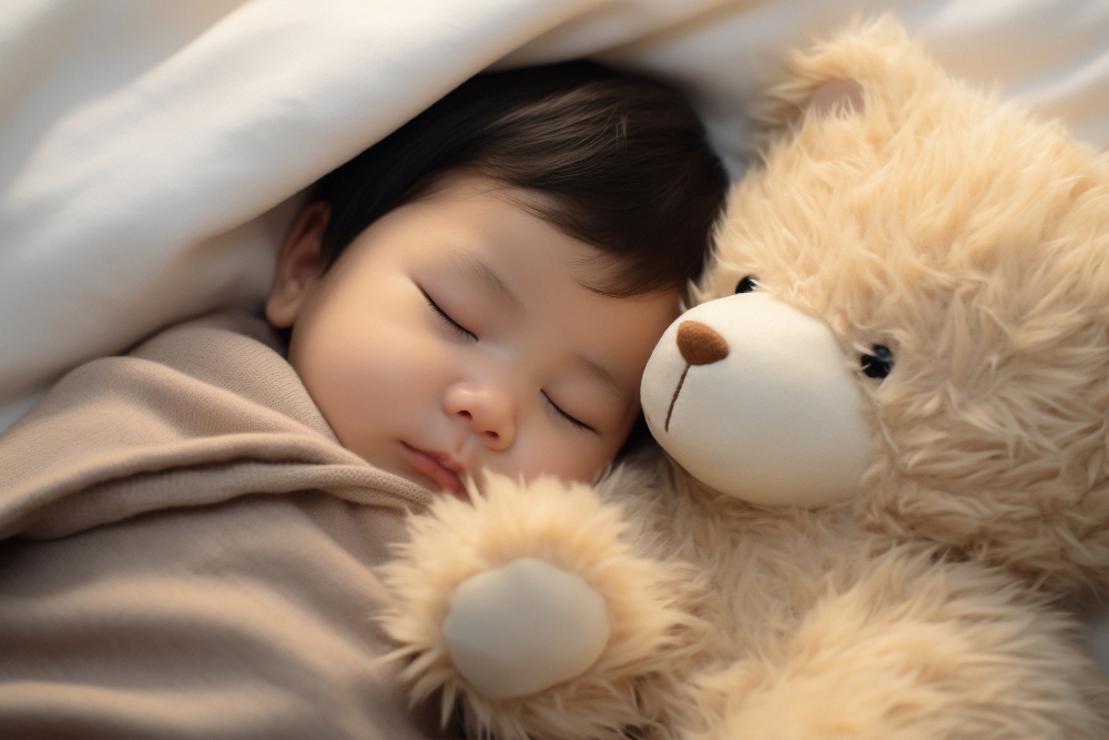 Close up on a boy sleeping with a teddy bear