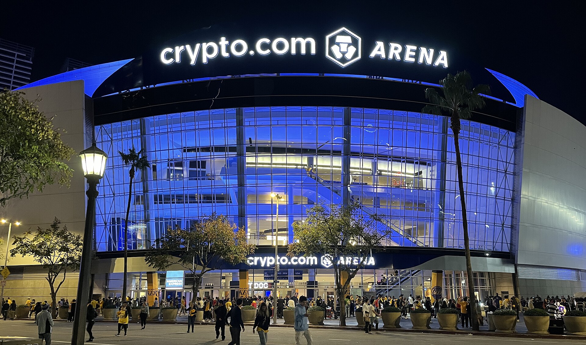 Exterior of Crypto.com Arena in 2023 with permanent signage. Photo by Troutfarm27 on Wikimedia Commons (CC BY-SA 4.0)
