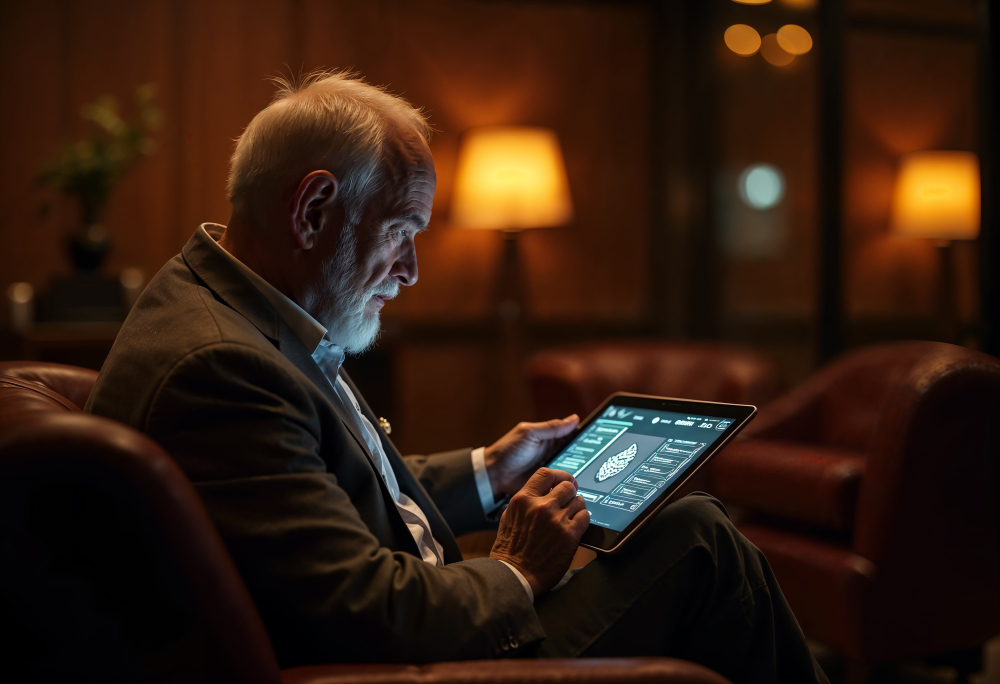 An elderly man uses a tablet to check AI health data for diabetes care
