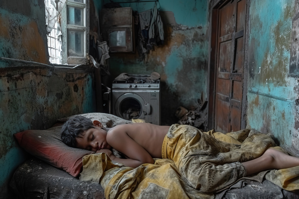 A child sleeping on a dirty bed in an old, damaged room with dirty walls