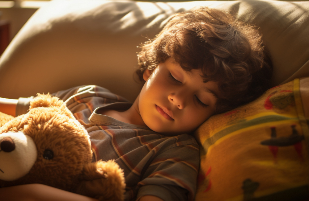 Close up on a boy sleeping with a teddy bear
