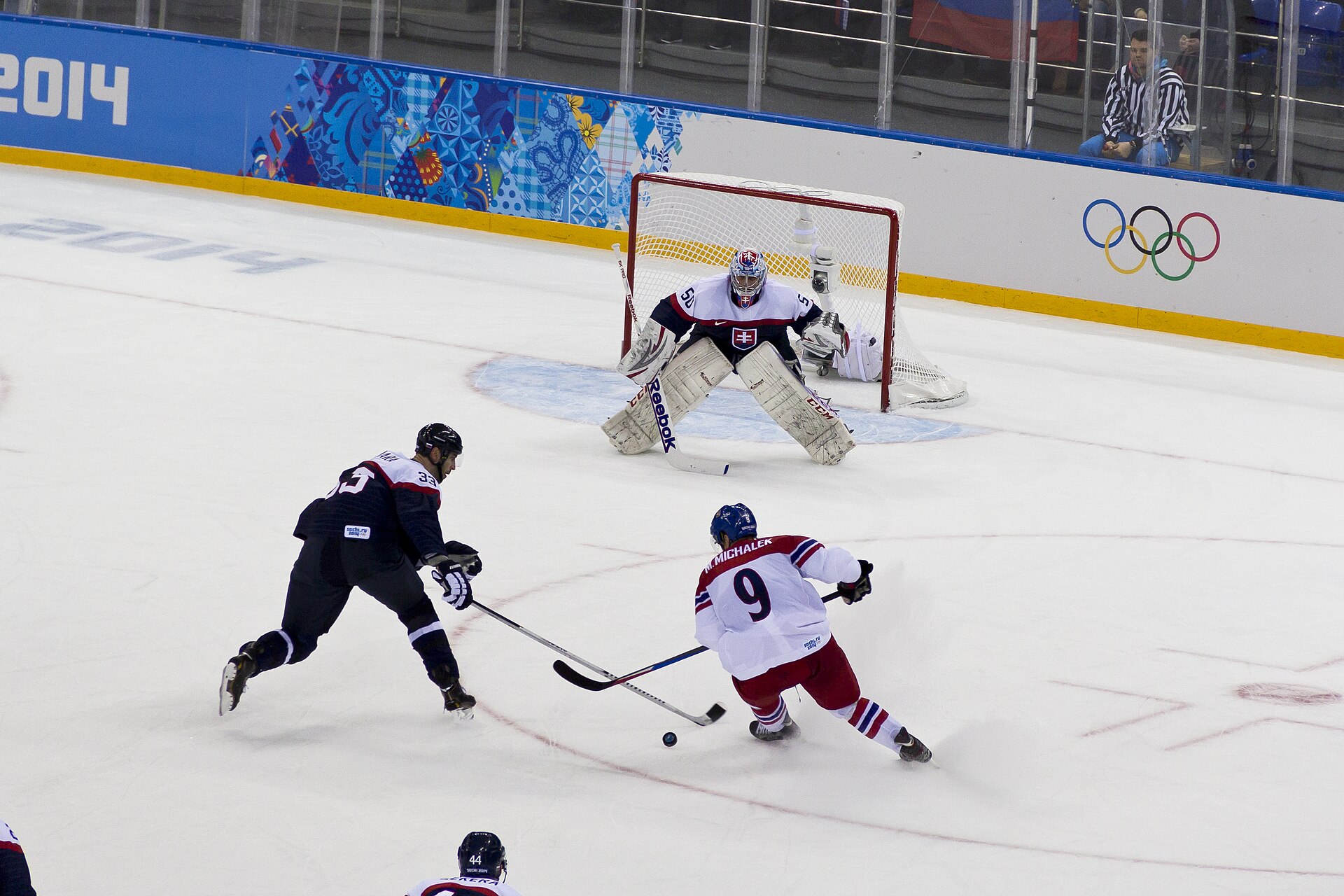 The Czech Republic Team (In whites) playing against Slovakia in a 2014 match. Photo by Pawel Maryanov on Wikimedia Commons (CC BY-2.0) .jpg