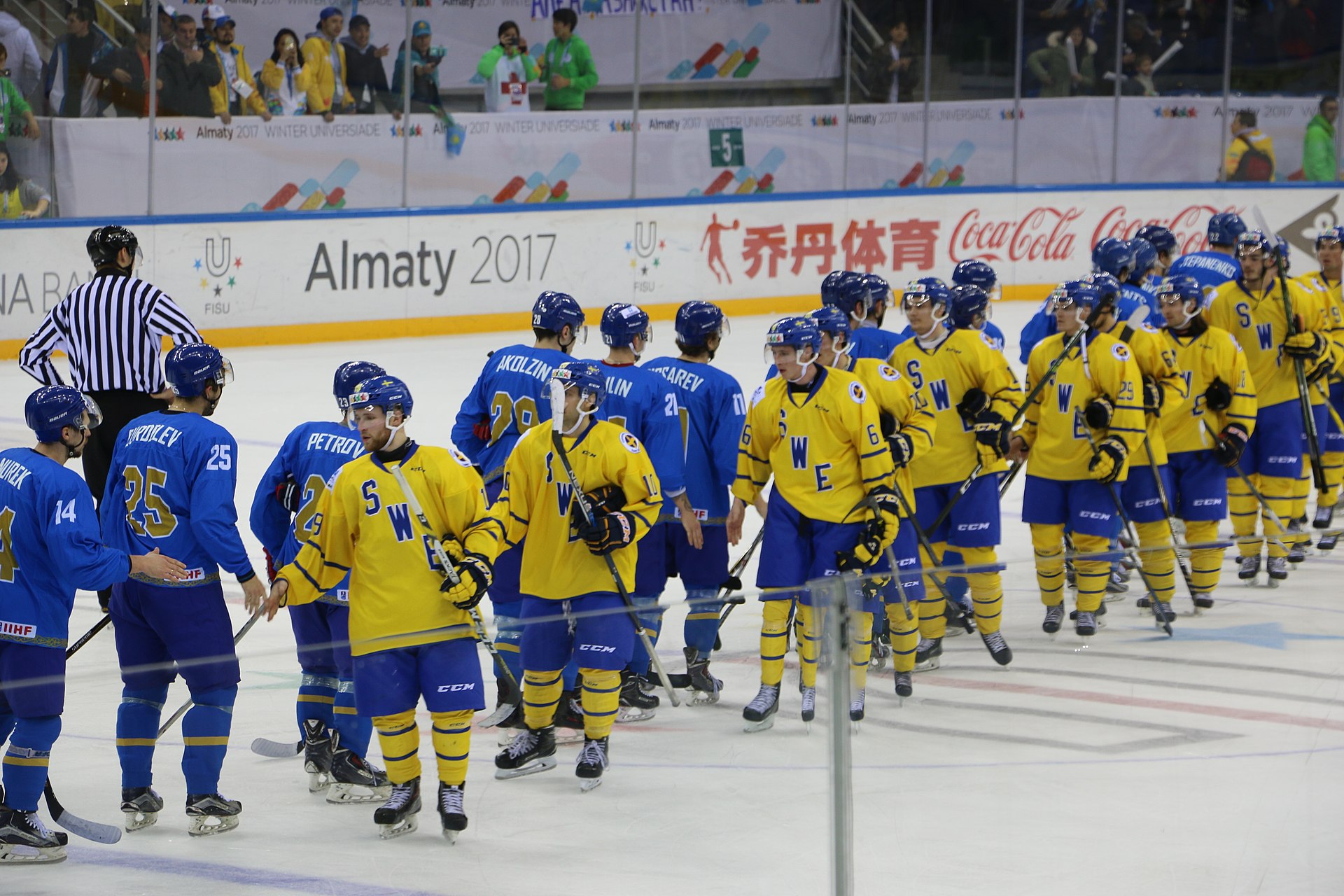 The Sweden national ice hockey team in a 2017 match. Photo by Yakov Federov (CC BY-SA 4.0) on Wikimedia Commons .jpg