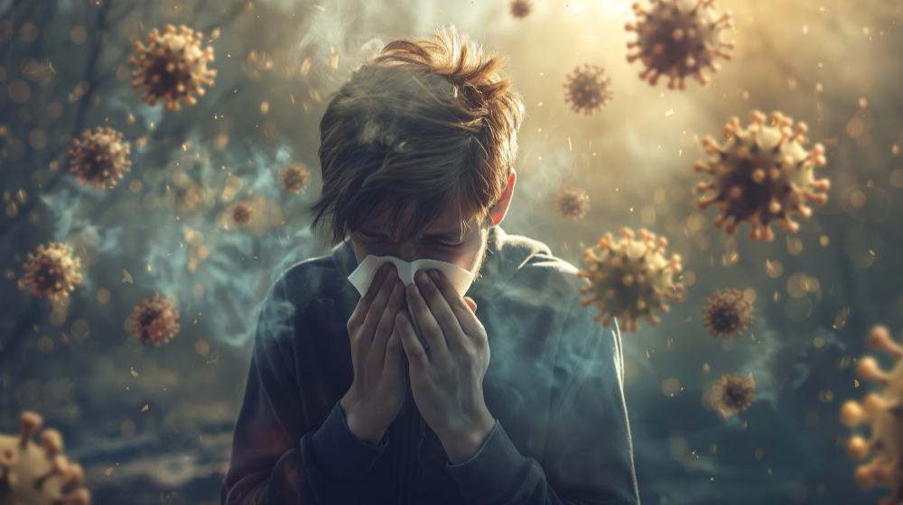 An adult blowing their nose into a tissue.