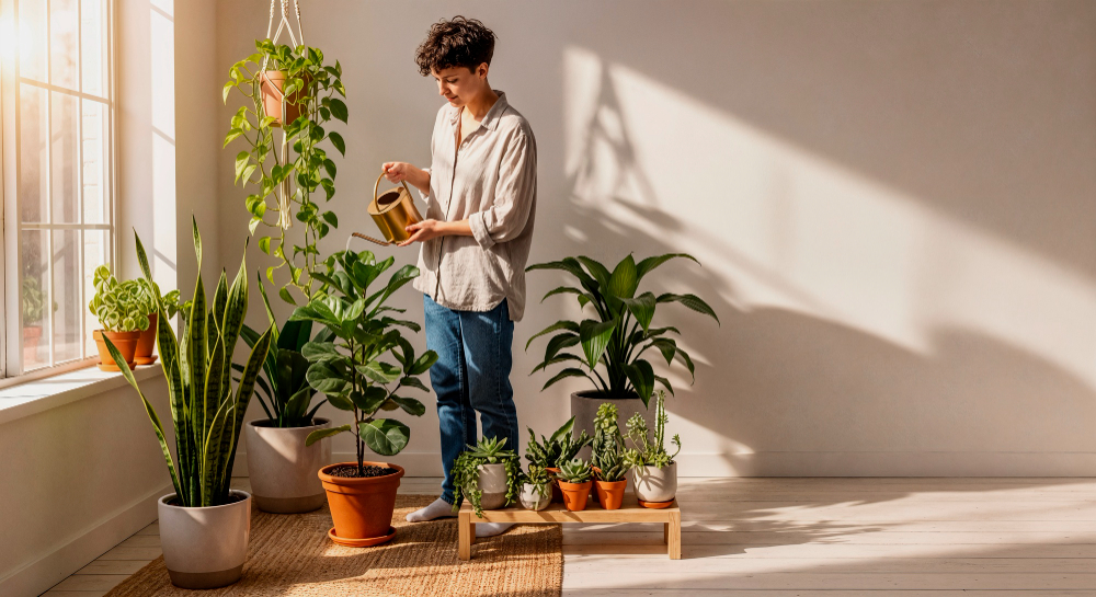 A person watering indoor plants in a bright room