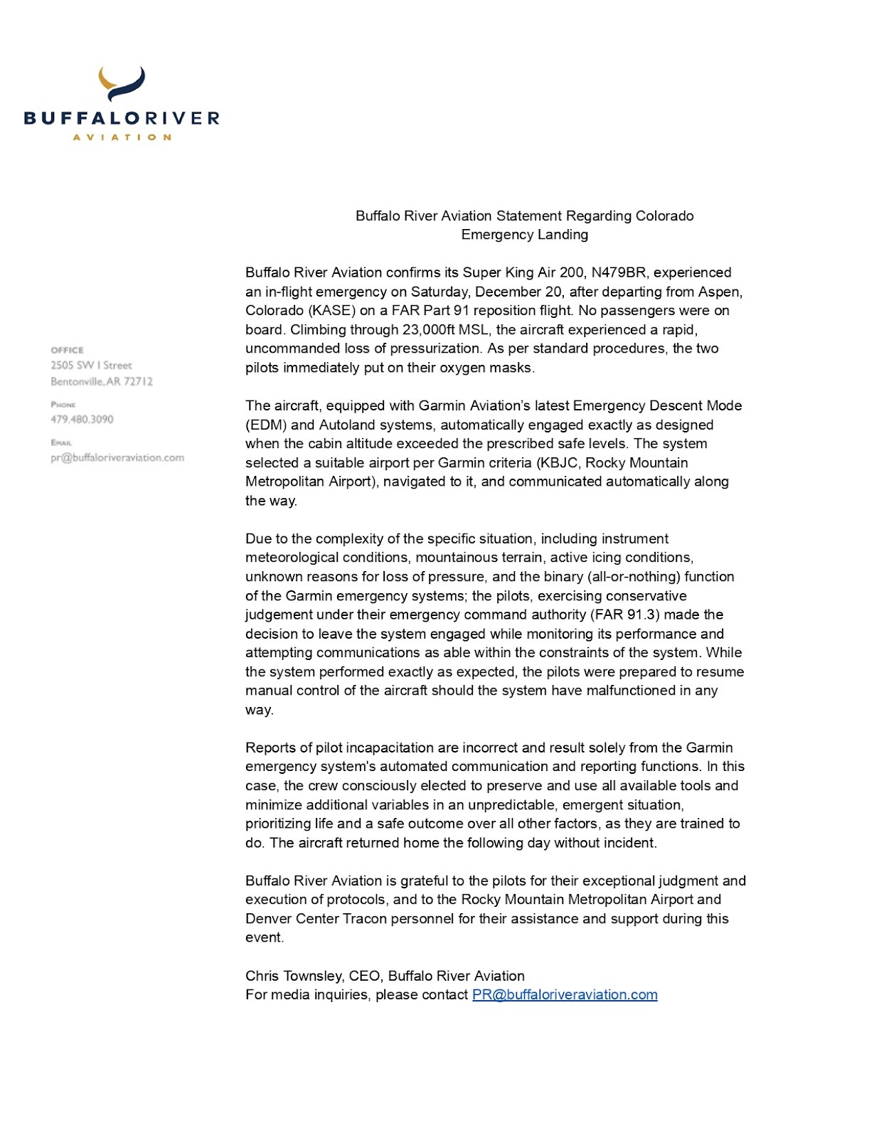 Buffalo River Aviation Statement