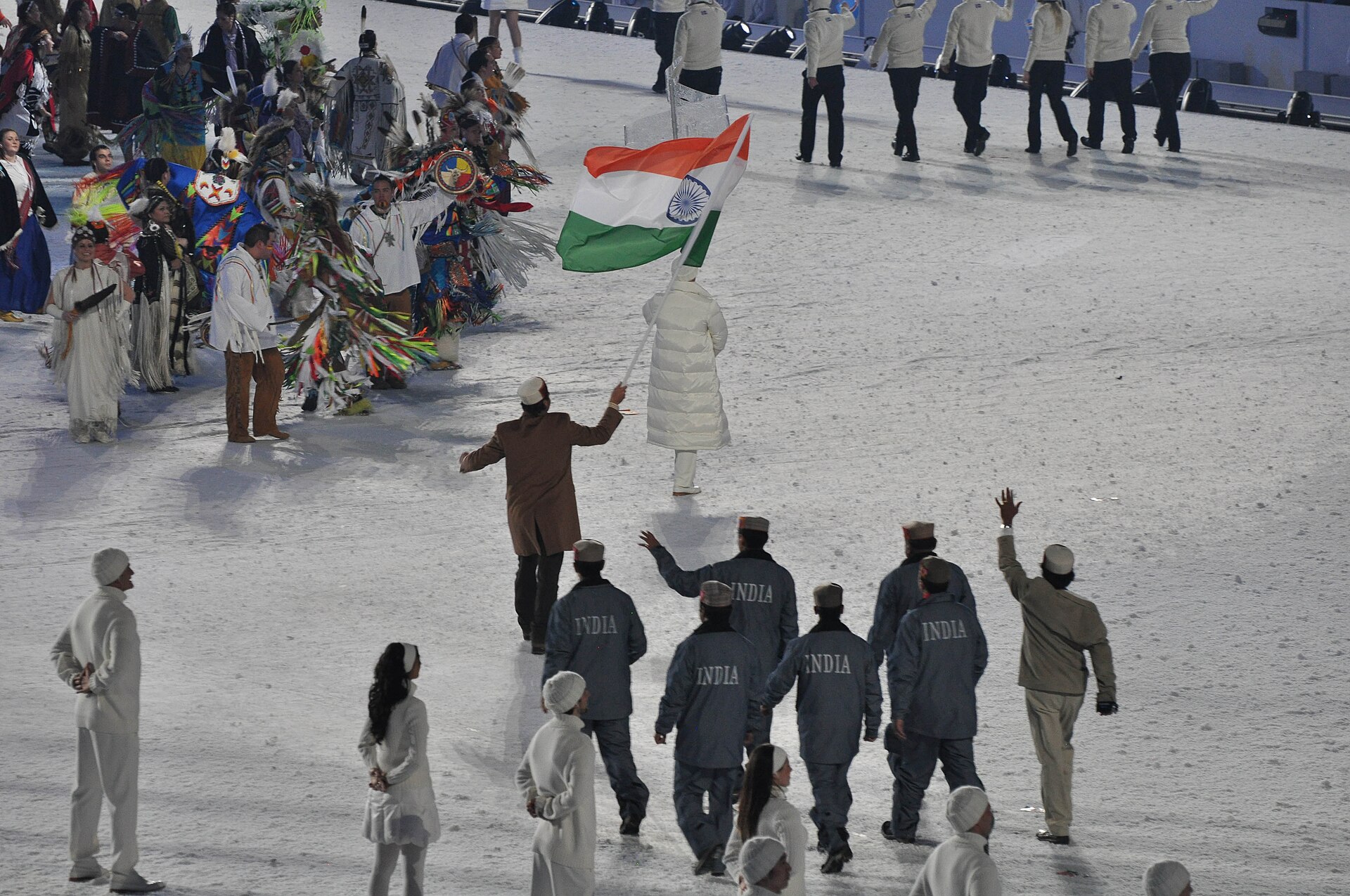 India entering the 2010 Winter Olympics Opening Ceremony in Vancouver.